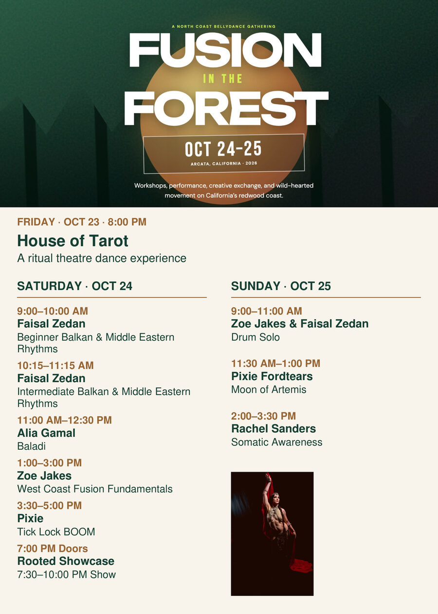 Fusion in the Forest handbill with the full schedule: House of Tarot Friday October 23 at 8 PM; Saturday October 24 workshops with Faisal Zedan, Alia Gamal, Zoe Jakes, and Pixie, followed by the Rooted Showcase (doors 7 PM, show 7:30–10 PM); Sunday October 25 workshops with Zoe Jakes and Faisal Zedan, Pixie Fordtears, and Rachel Sanders.